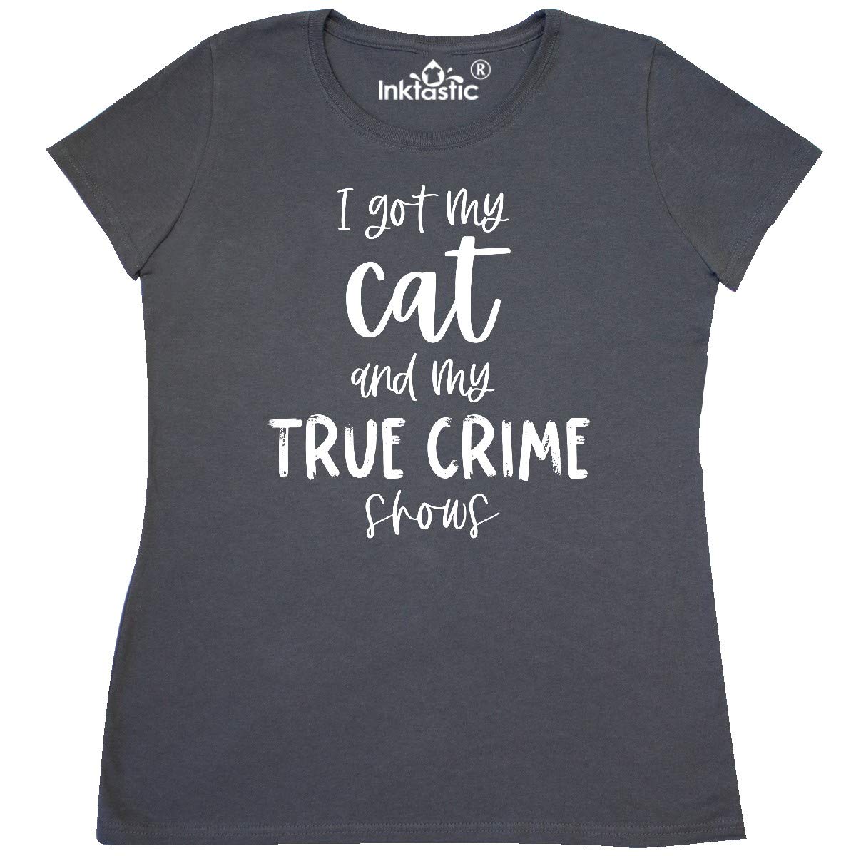 Inktastic 'I Got My Cat and My True Crime Shows' Women's T-Shirt - Funny Cat Lover Graphic Tee for True Crime Fans - Perfect for Casual Wear, Netflix Nights & Cat-Themed Parties