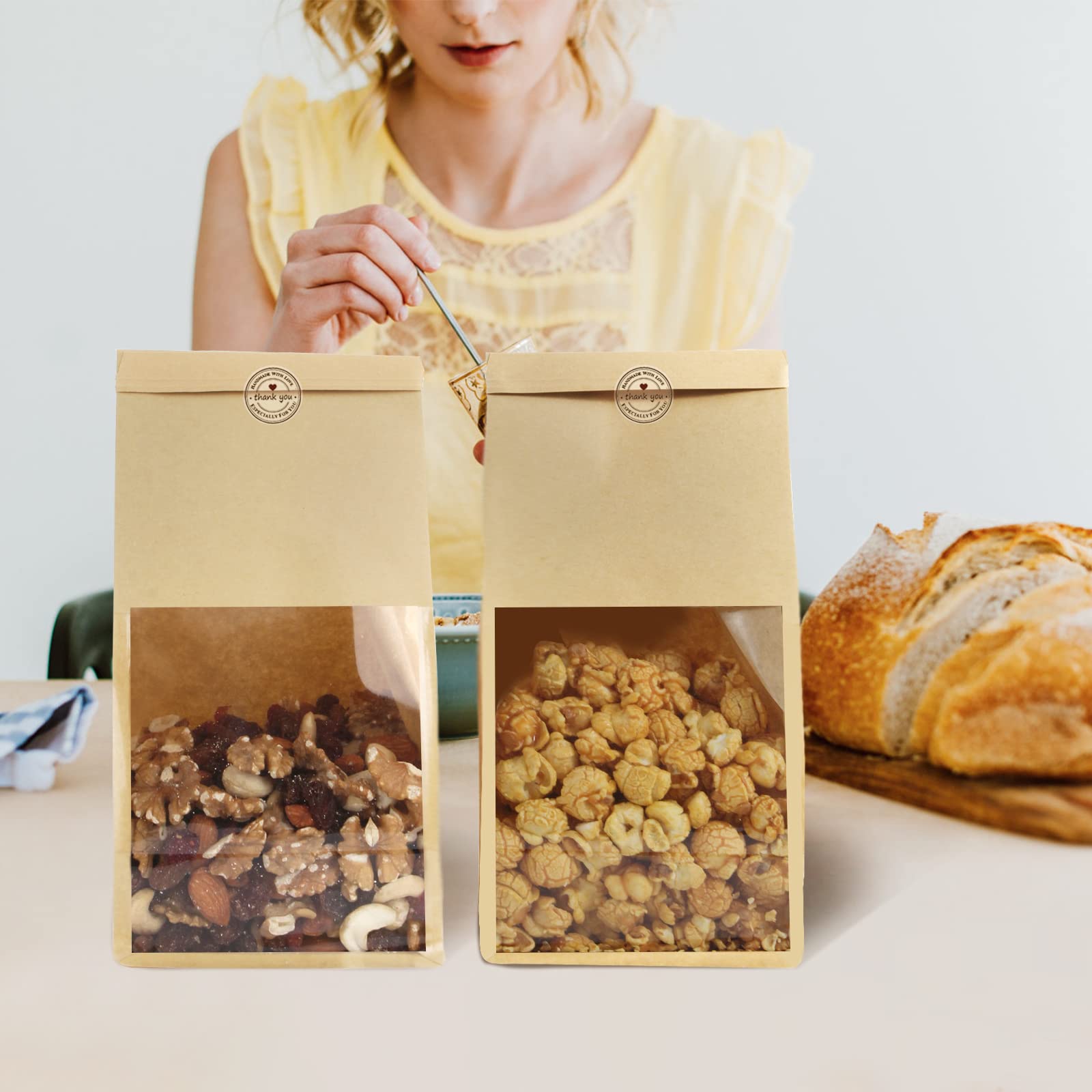 50pcs Kraft Paper Bakery Bags with Window, 5.1x4.3x11 Inches - Tin Tie Tab Lock Candy & Cookie Bags for Gift Giving, Party Favors, Wedding Treats, and Holiday Packaging