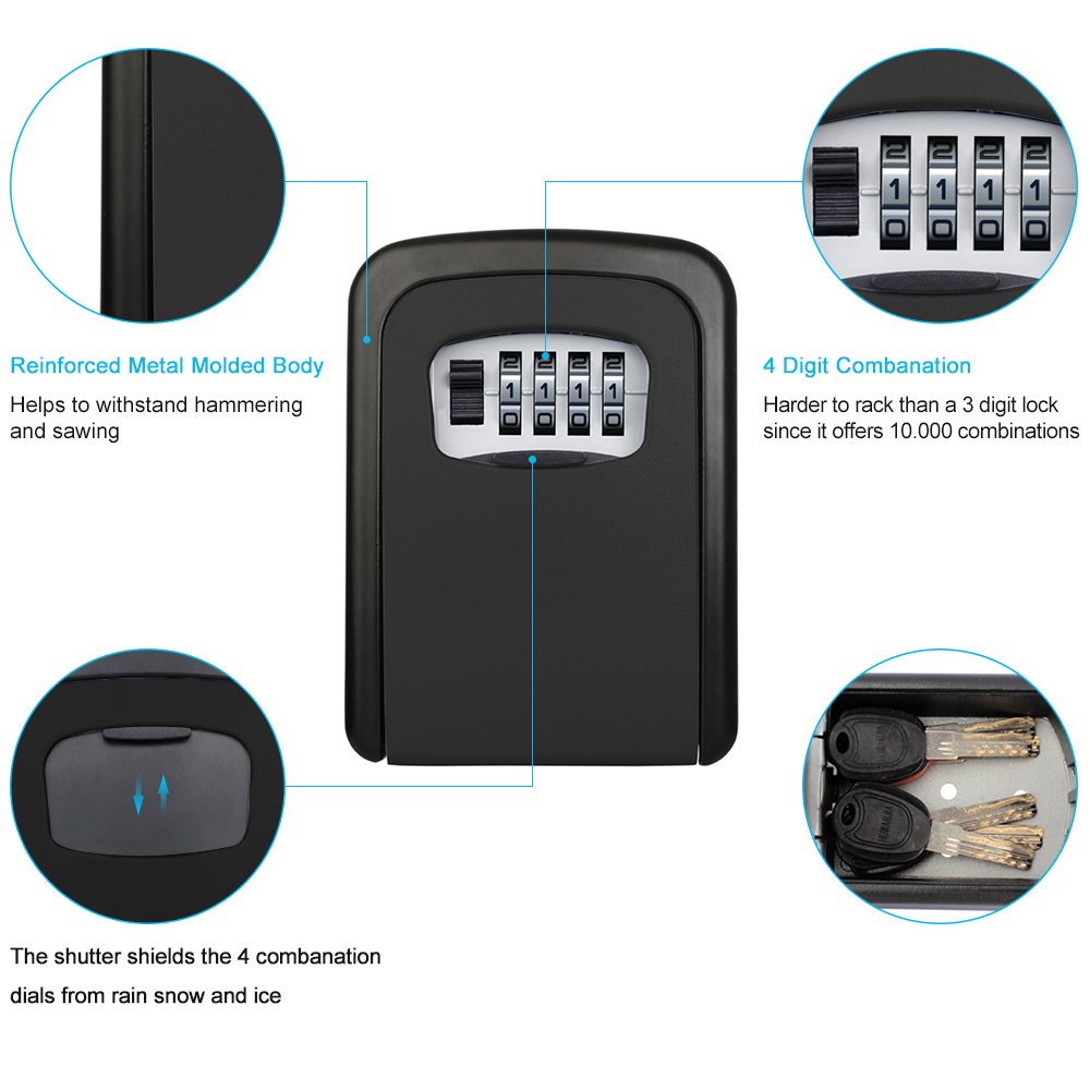 ELEOPTION 4 Digit Combination Key Lock Box - Secure Wall Mount Key Safe for Home, Office, Car & Outdoor Use | Weatherproof Key Storage with Digital Code Lock (Black) - Perfect for Vacation Rentals, Airbnb Hosts & Property Management