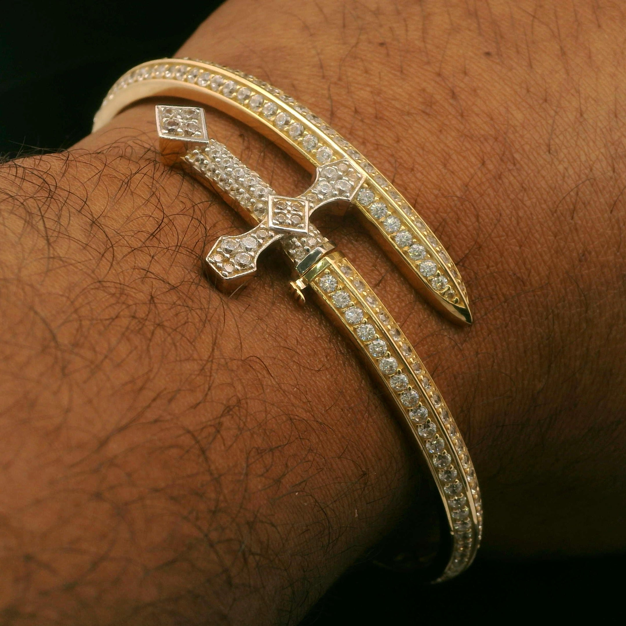 14K Gold Men's Cross Sword Bangle with Full CZ Stones (5mm Width, 19cm Length) - Durable Luxury Bracelet for Gifts, Fashion & Everyday Wear | JTJ™ Jewelry