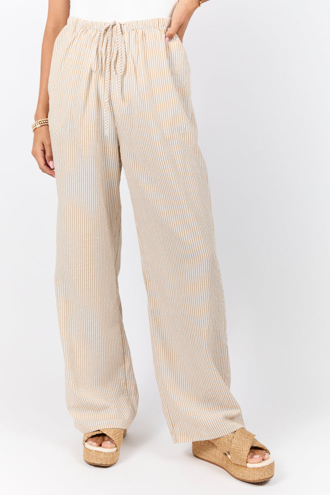 Bright Mornings Taupe and Ivory Striped Pull-On Pants for Women - Comfortable Elastic Waist Lounge Pants - Perfect for Yoga, Home Wear & Relaxation