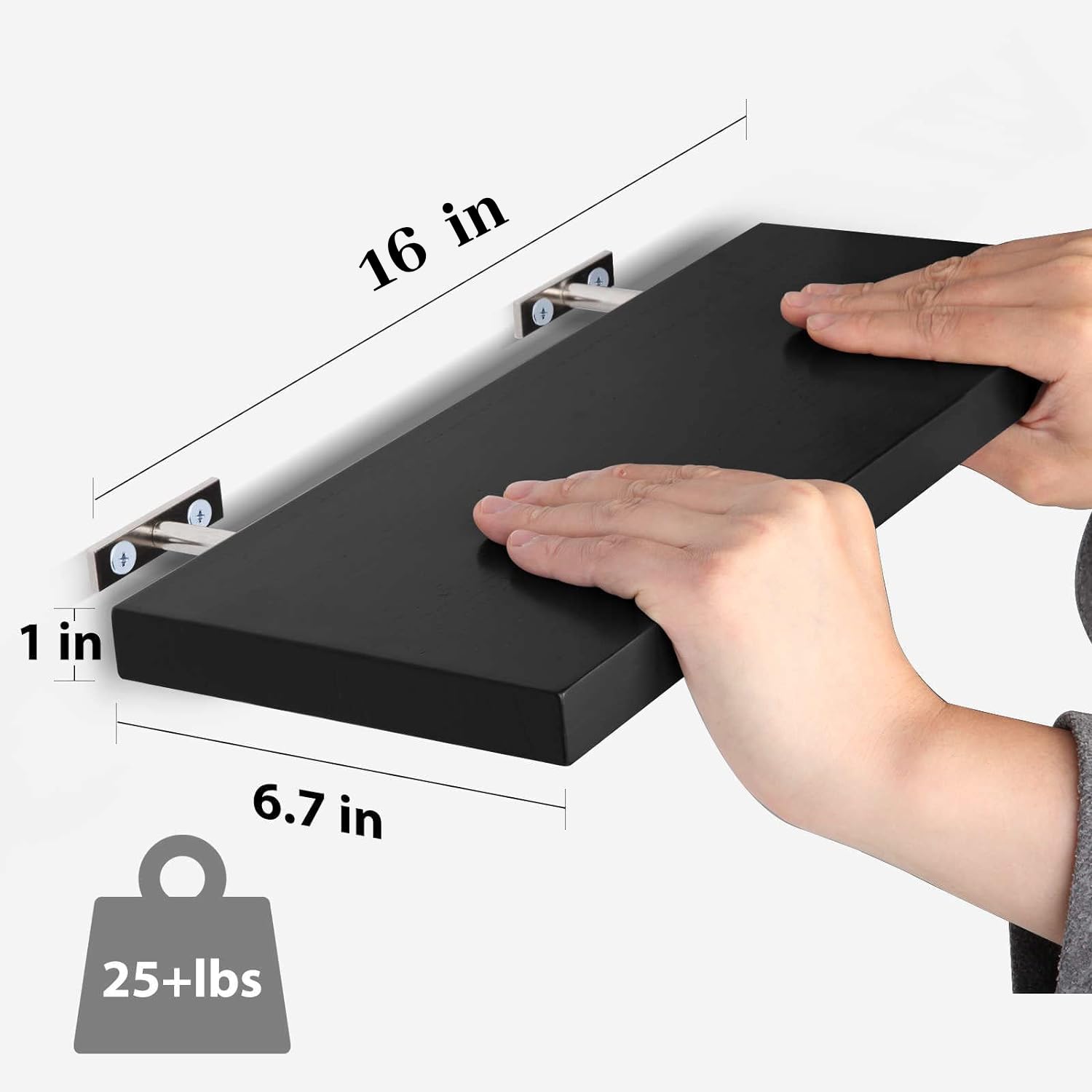 Floating Shelves Set of 3 - Solid Wood Wall Shelves for Bathroom, Bedroom & Kitchen Decor - Black