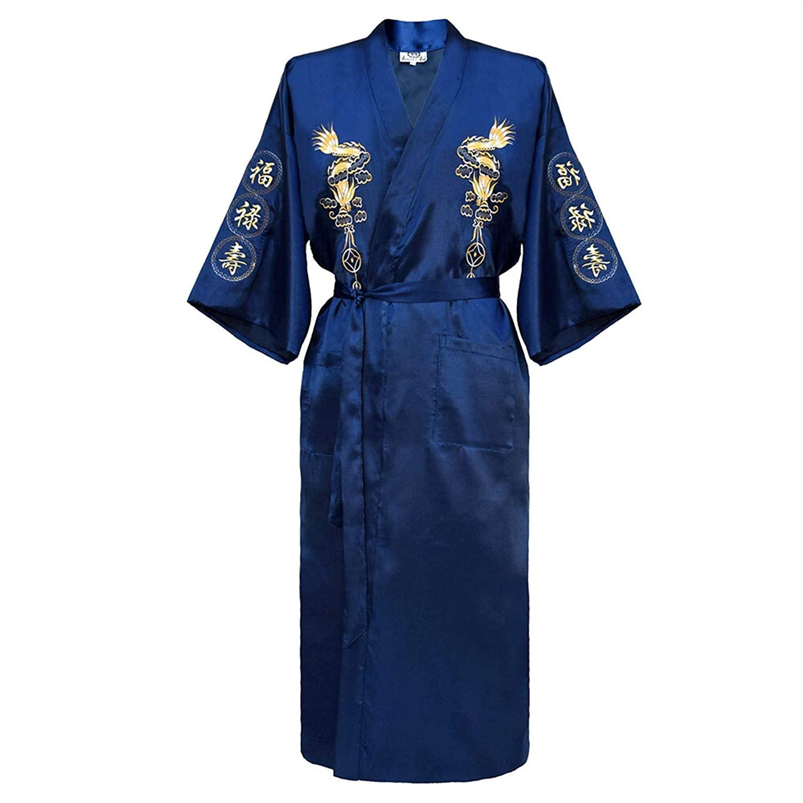 Premium Silk Kimono Bathrobe for Men - XX-Large Royal Blue Dragon Design Traditional Japanese Robe | Loose Comfortable Sleepwear & Nightwear for Spa, Lounging & Home Relaxation