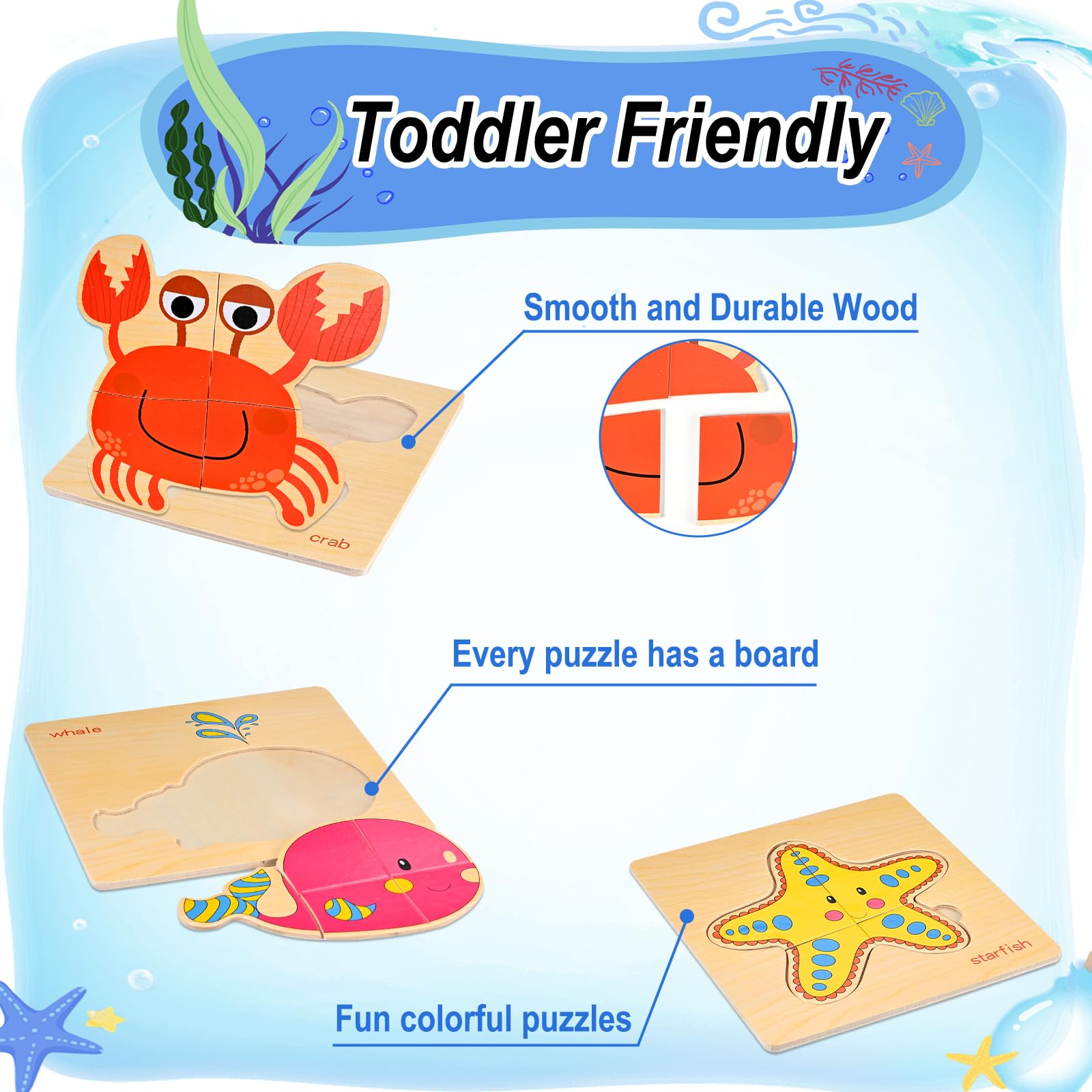8-Piece Wooden Toddler Puzzles for Ages 1-3 | Montessori Educational Toys for Boys & Girls | Ocean Animal Jigsaw Learning Games for Preschoolers 2-4 Years Old | Perfect for Early Childhood Development & Playtime Activities
