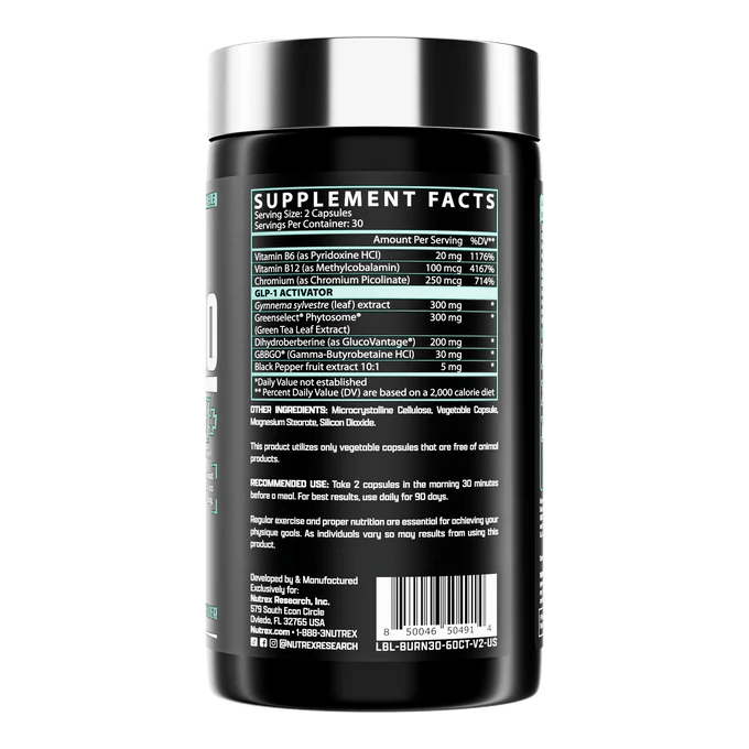 Nutrex BURN30 GLP1+ Caffeine Free Fat Burner Supplement for Weight Loss & Metabolism Boost - Supports Healthy Energy & Appetite Control for Men & Women - Ideal for Keto Diet & Fitness Routines
