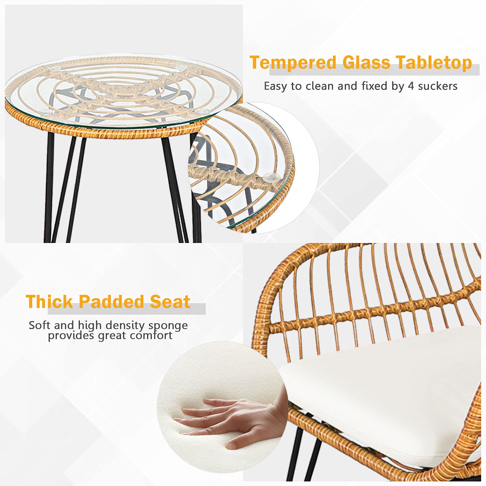 **HAPPYGRILL 3-Piece Rattan Bistro Set with Steel Frame, Round Coffee Table & Soft Cushions – Outdoor Patio Furniture for Garden, Balcony, or Poolside Relaxation**