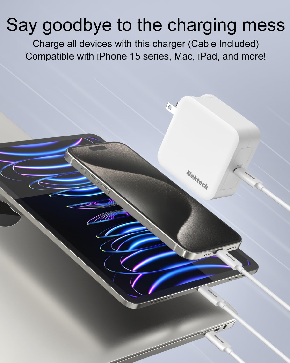 Nekteck 100W GaN IV USB C Fast Charger for MacBook Pro/Air, iPad Pro & USB C Devices - Compact Foldable Design with 6.6ft USB C to C Cable - Perfect for Travel, Office & Home Charging