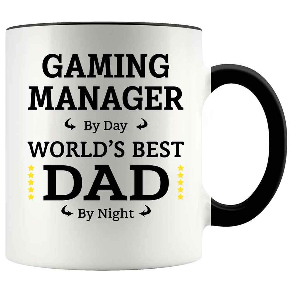 Funny Gaming Manager Dad Mug - 11oz Coffee Cup Gift for Father's Day - 'Gaming Manager by Day, Dad by Night' Design - Perfect for Office Use & Gaming Setups