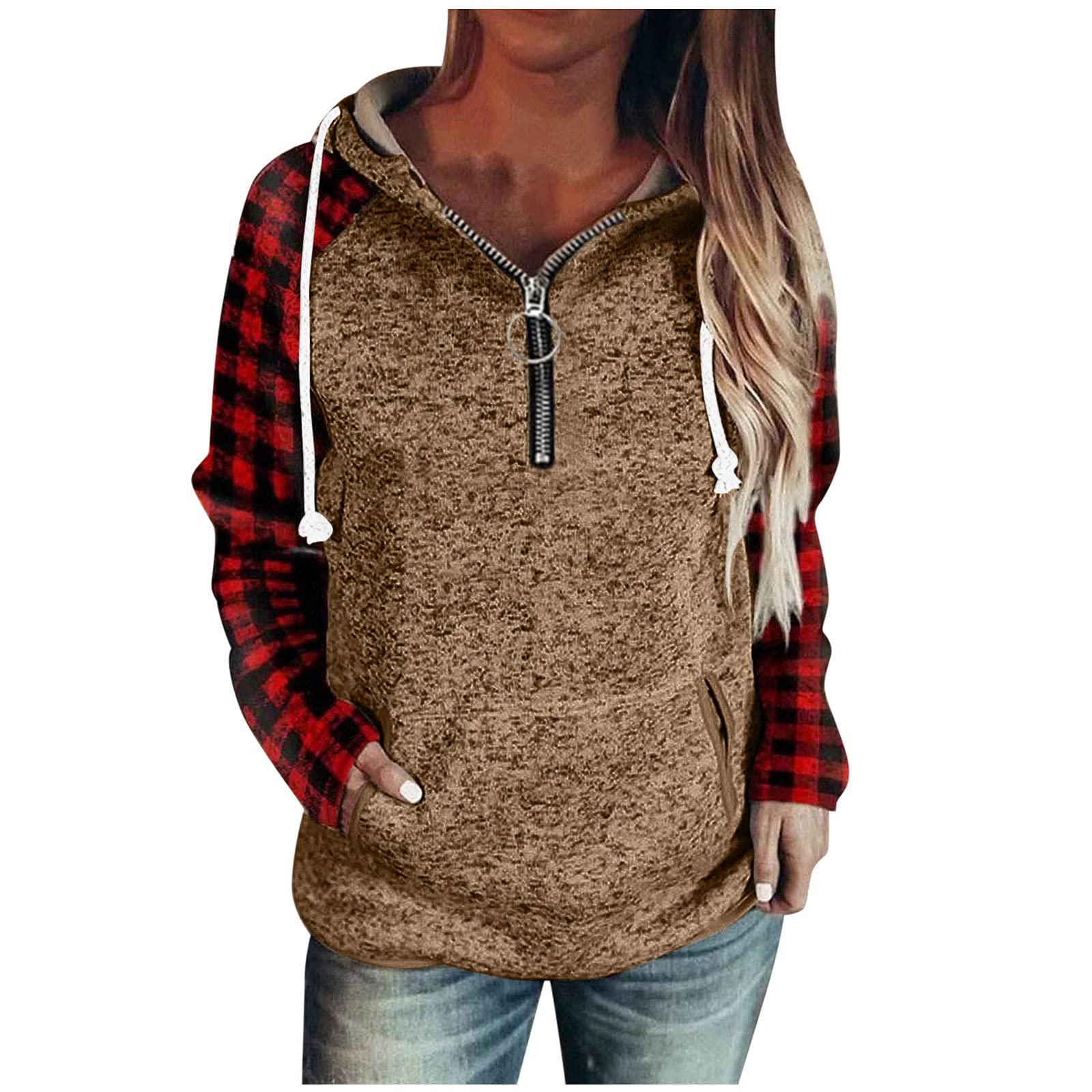 Women's 1/4 Zip Pullover Hoodie - Plaid Print Long Sleeve V-Neck Sweatshirt with Pockets | Casual Warm Fleece Top for Fall Winter, Outdoor Hiking & Lounge Wear