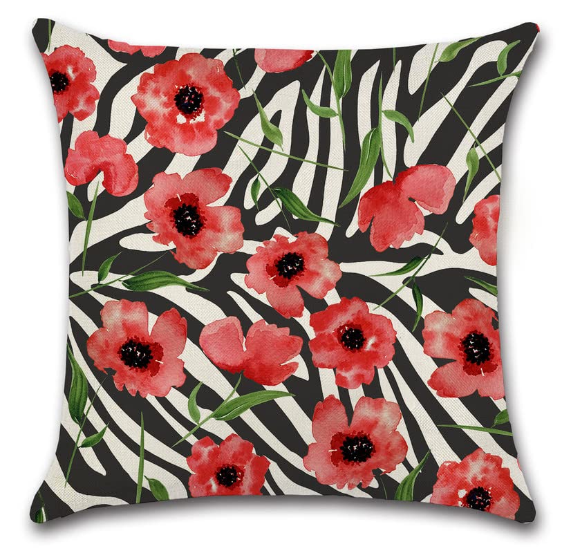 Zebra Skin Print with Poppy Flower Pillow Cover - 18x18 Inch Square Throw Pillow Case for Sofa, Couch & Home Decor | Soft Cushion Cover for Living Room, Bedroom & Dorm