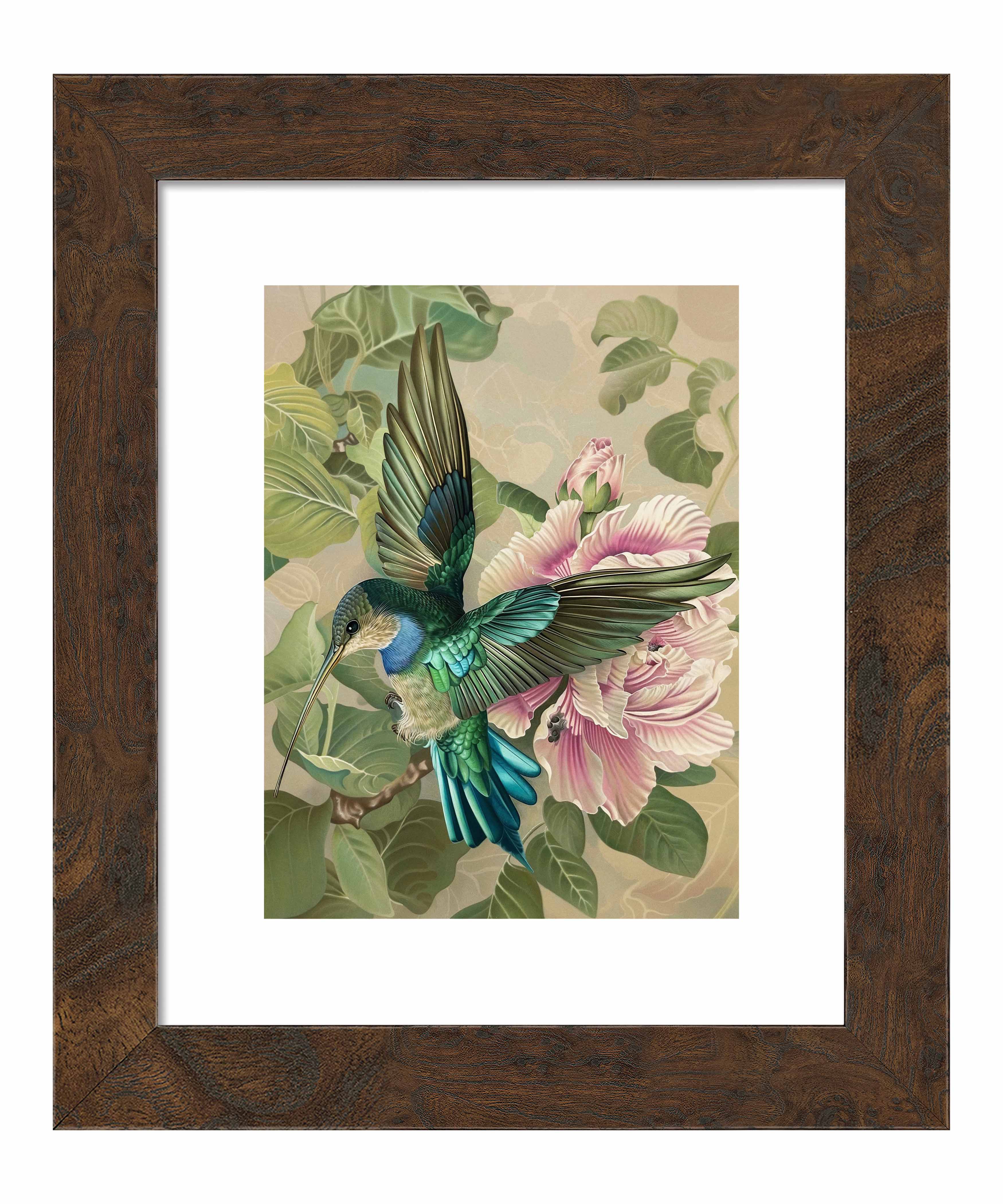 Emerald Flight Hummingbird Among Hibiscus Wall Art Print - Vibrant Tropical Home Decor for Living Room, Bedroom & Office