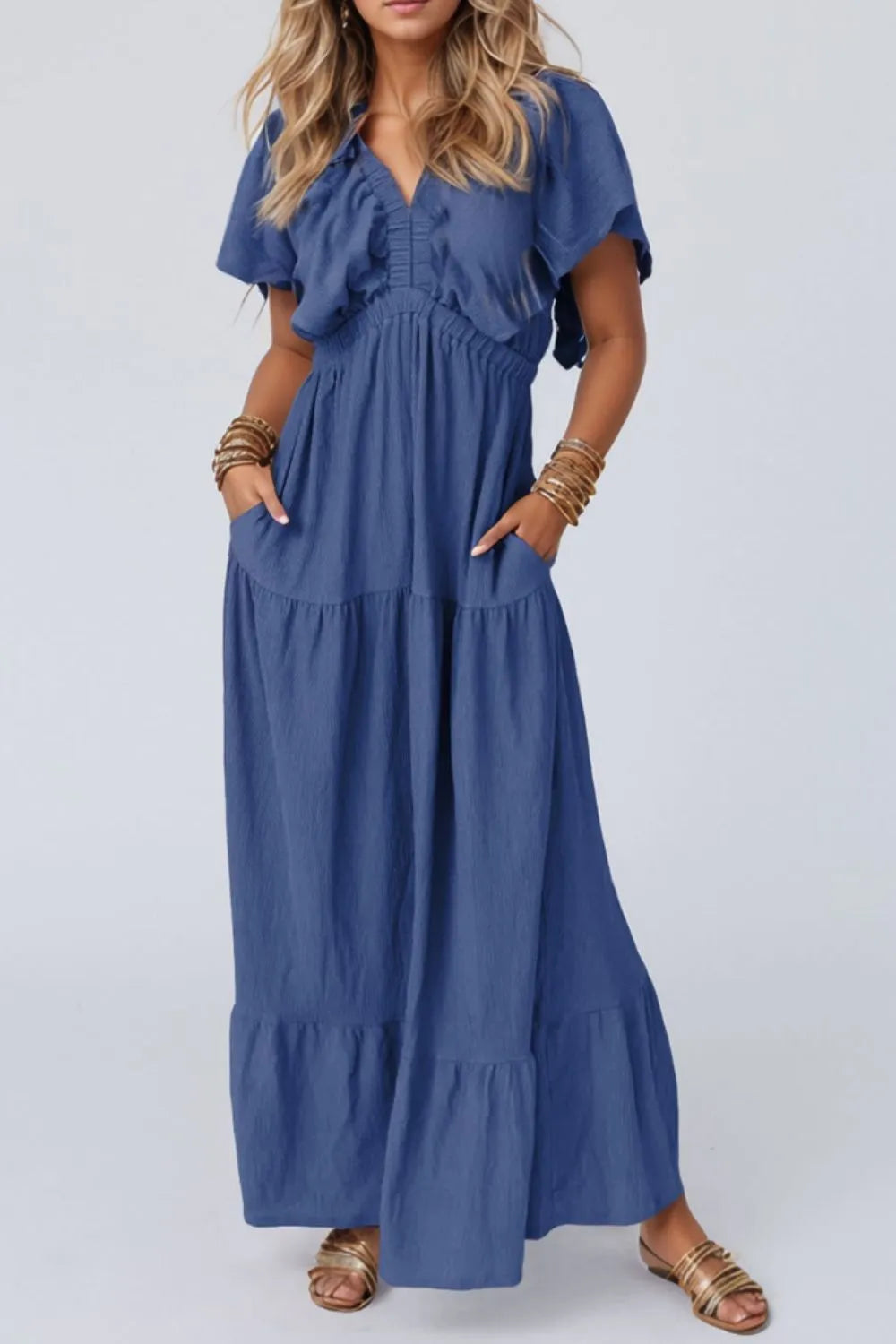 Blue Short Sleeve Summer Beach Maxi Dress for Women - Flowy Casual Sundress with Pockets - Perfect for Vacations, Pool Parties & Tropical Getaways