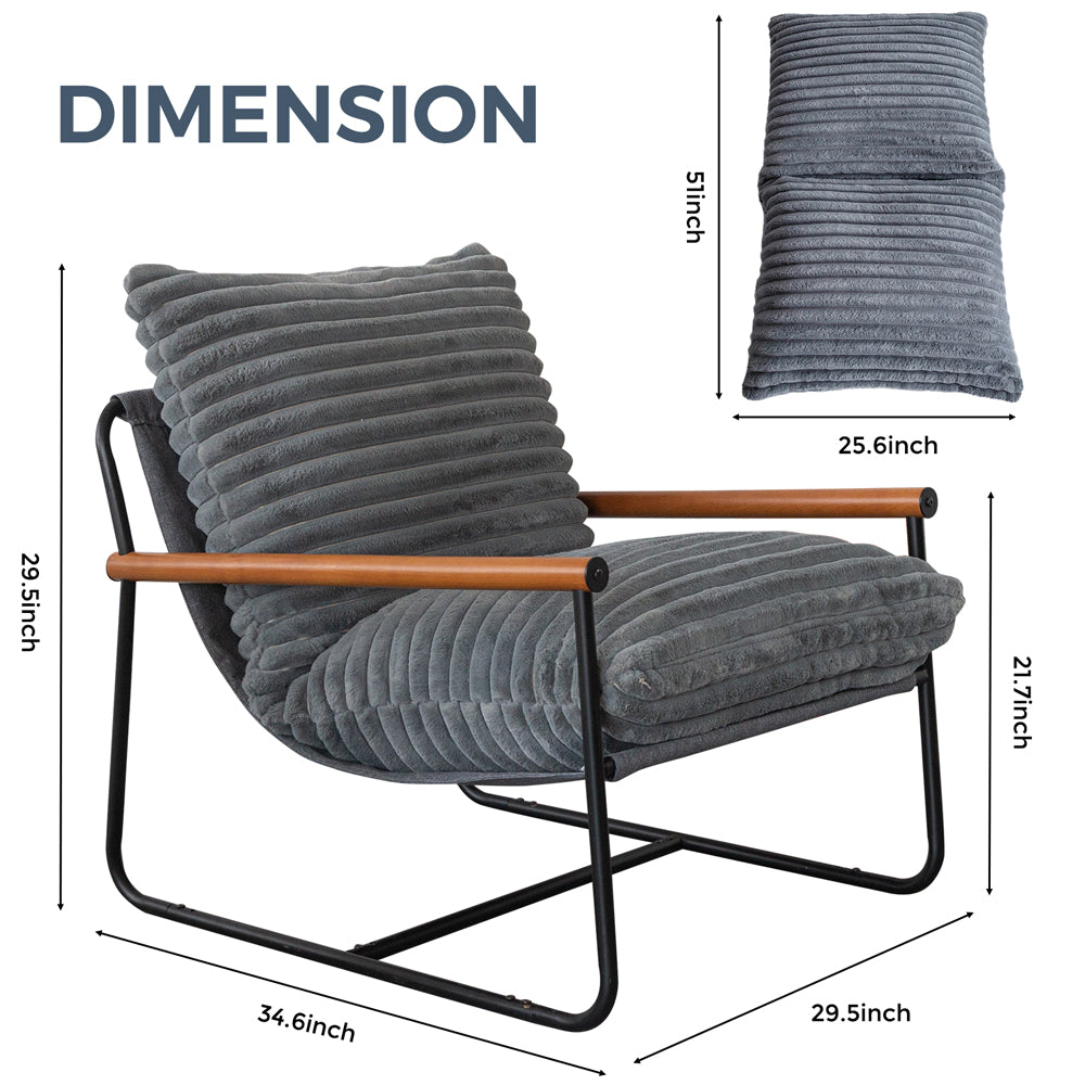 MAXYOYO Grey Striped Faux Fur Accent Chair with Wooden Arms & Metal Frame - Stylish Living Room Seating for Home, Office, or Lounge