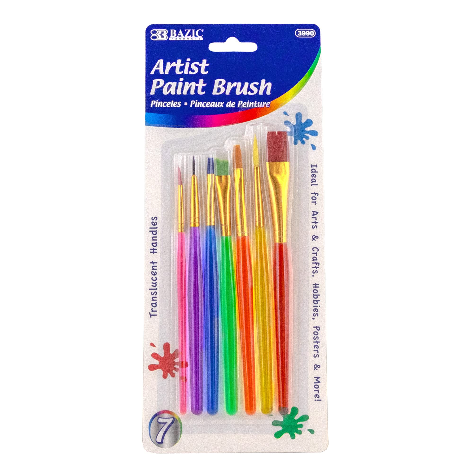 BAZIC 7-Piece Nylon Bristle Paint Brush Set - Flat, Round & Angled Brushes for Acrylic, Oil, Watercolor & Gouache Painting - Artist Supplies for Professionals & Beginners (144-Packs) - Perfect for Canvas Art, DIY Crafts & Home Decor Projects