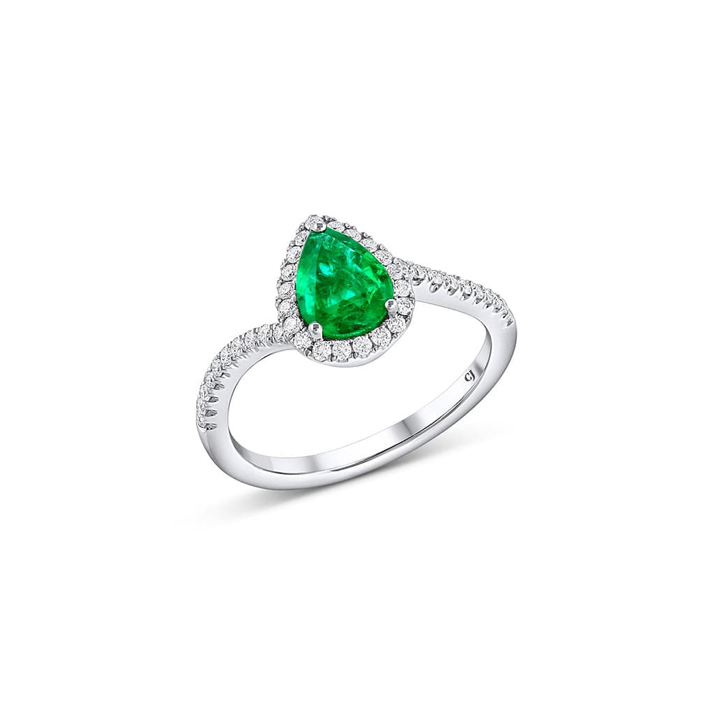 18K White Gold Diamond and Pear Shaped Emerald Ring for Women - Elegant Engagement & Wedding Jewelry Gift for Her