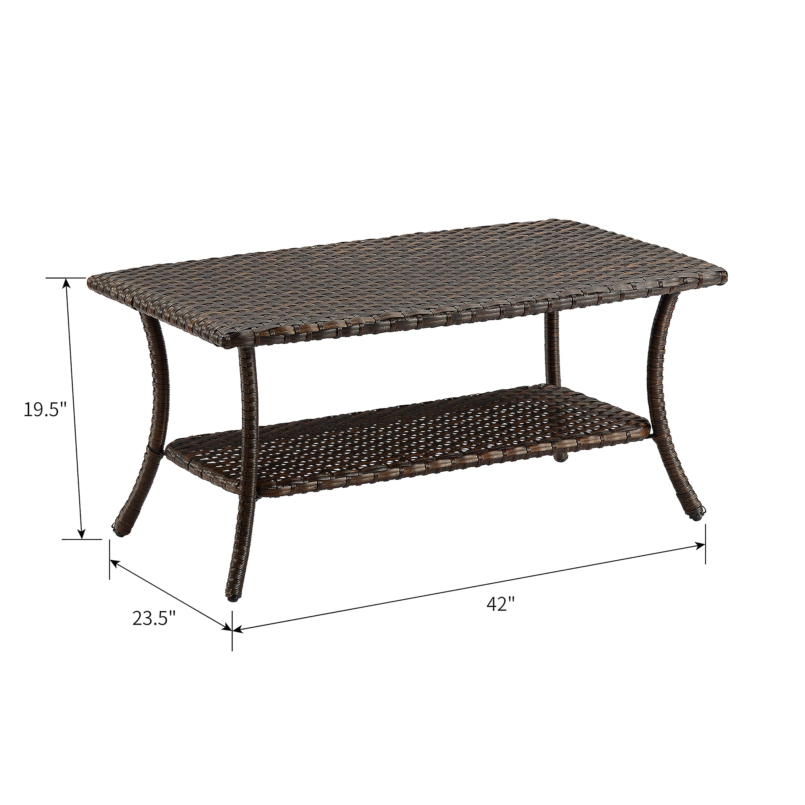 2-Tier Rattan Wicker Coffee Table with Storage Shelf - 42 x 19.5 x 23.5 Inches Brown Rectangular Patio Side Table - Perfect for Living Room, Balcony, and Outdoor Spaces