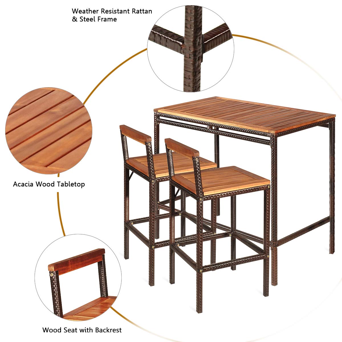 Tangkula 3-Piece Outdoor Bar Table Set - Acacia Wood Top Rattan Bistro Set with 2 Bar Stools for Patio, Backyard, Balcony & Dining Room | Perfect for Outdoor Entertaining, Alfresco Dining & Small Space Decor