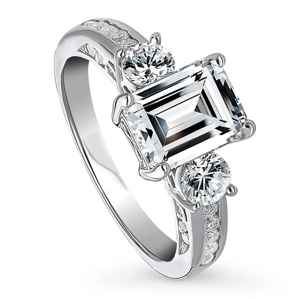 BERRICLE Sterling Silver 3-Stone Wedding & Engagement Ring 2.1ct Emerald Cut Cubic Zirconia CZ Promise Ring for Women - Rhodium Plated, Size 4-10 - Perfect for Proposals, Anniversaries & Special Occasions