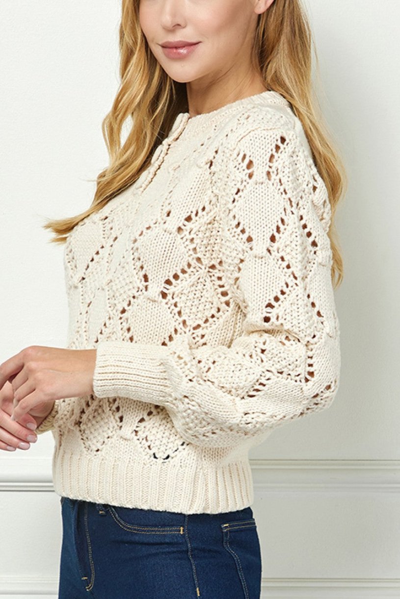 Women's Cream Pointelle Knit Sweater - Soft & Breathable Cable Knit Pullover for Fall & Winter | Perfect for Casual Outfits, Office Wear & Holiday Gatherings