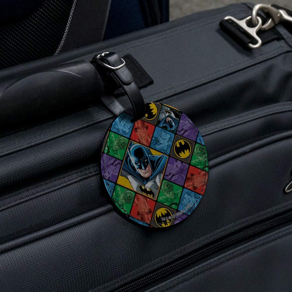 Batman & Villains Pattern Leather Luggage Tag - Round Carry-On ID Tag for Suitcase - Perfect for Travel, Business Trips & Cosplay Events