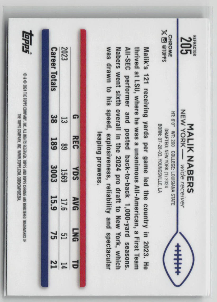 2024 Topps Chrome Malik Nabers #205 Rookie Card - Perfect for Sports Collectors, Trading & Memorabilia Display