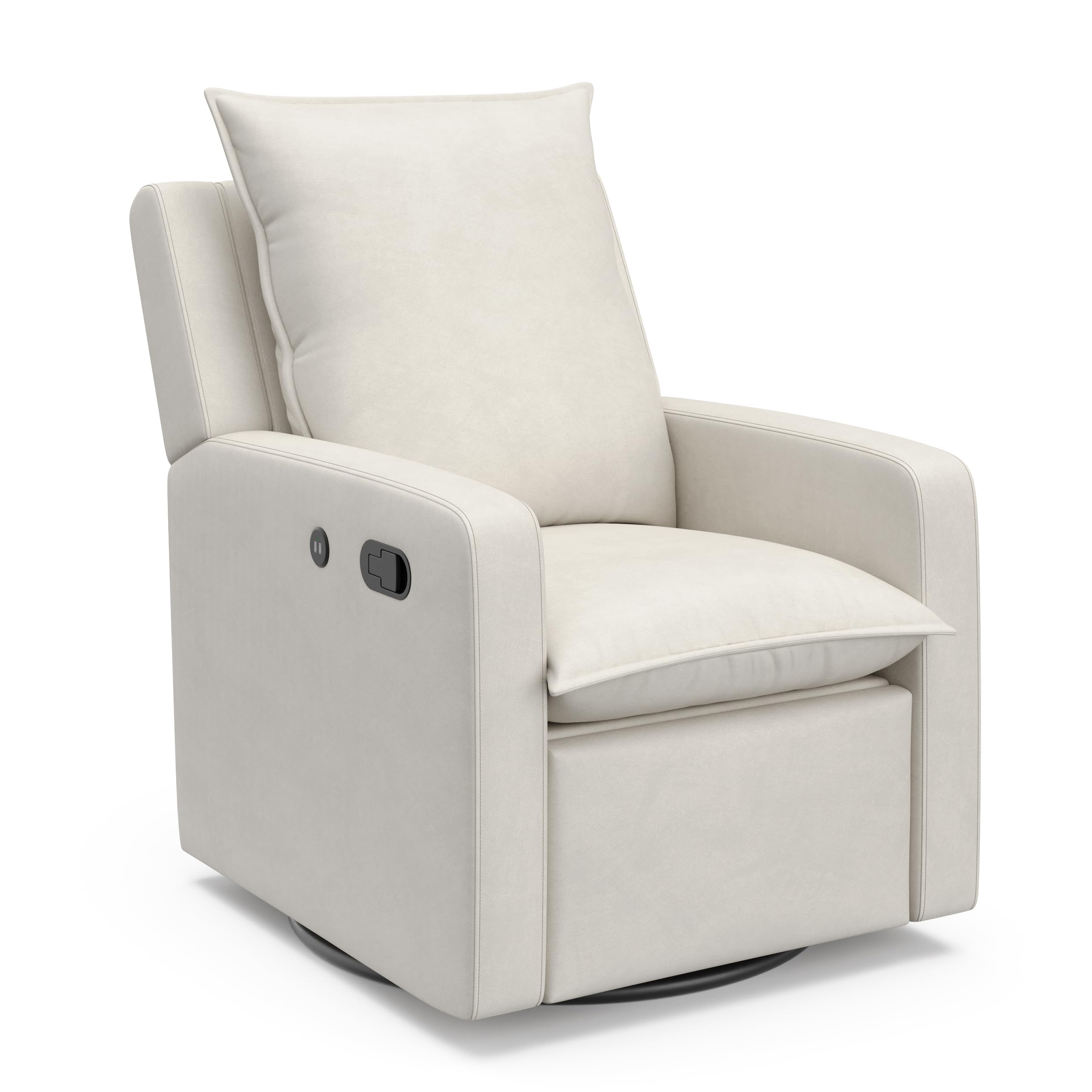 Storkcraft Timeless Reclining Glider Chair with USB Port - 360° Swivel Base, Extendable Footrest & Supportive Cushions, Ivory Fabric Upholstery for Nursery, Living Room & Relaxation