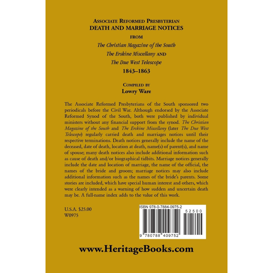 Associate Reformed Presbyterian Death and Marriage Notices Volume 1 (1843-1863) - Historical Genealogy Records for Ancestry Research & Family Tree Documentation