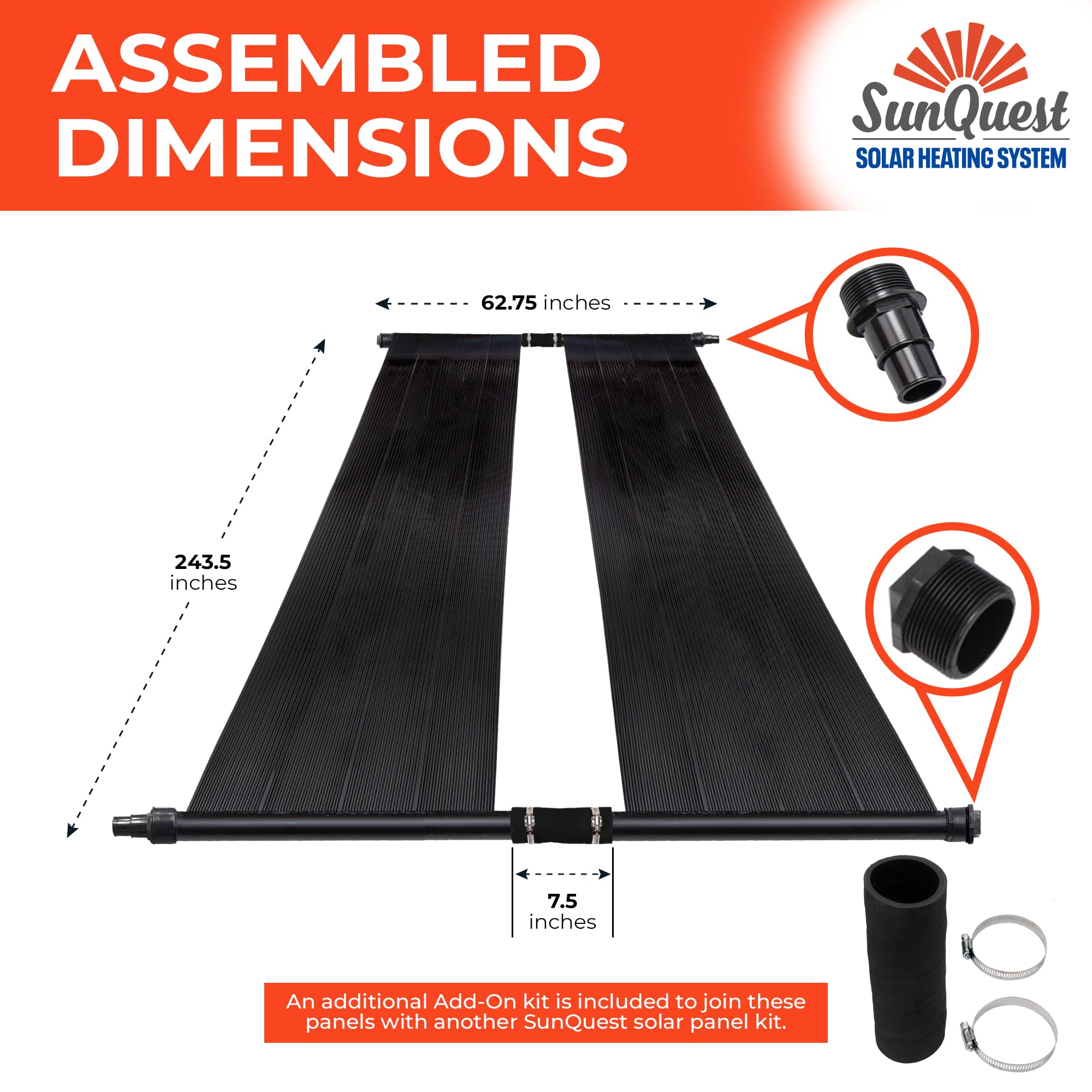 SunQuest Solar Pool Heater Panels - 2 (2ft x 20ft) Solar Water Collectors with Installation Kit for Above Ground & Inground Pools | DIY-Friendly Polypropylene UV-Resistant Panels | Perfect for Extending Swimming Season & Energy-Efficient Pool Heating