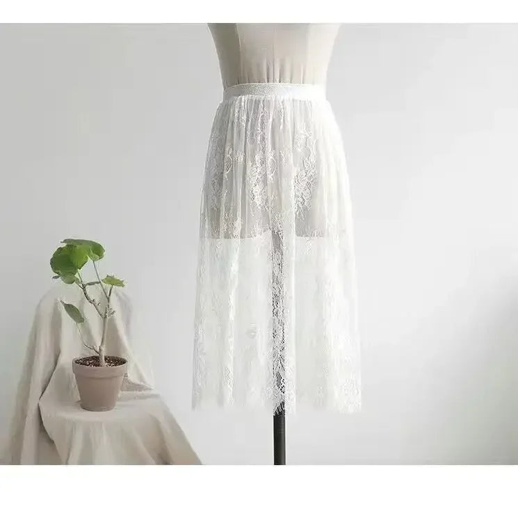 Elegant Black and White Lace High Waist Midi Skirt - Long Tulle Skirt with Elastic Waistband for Women - Perfect for Beach, Wedding, Party & Formal Occasions