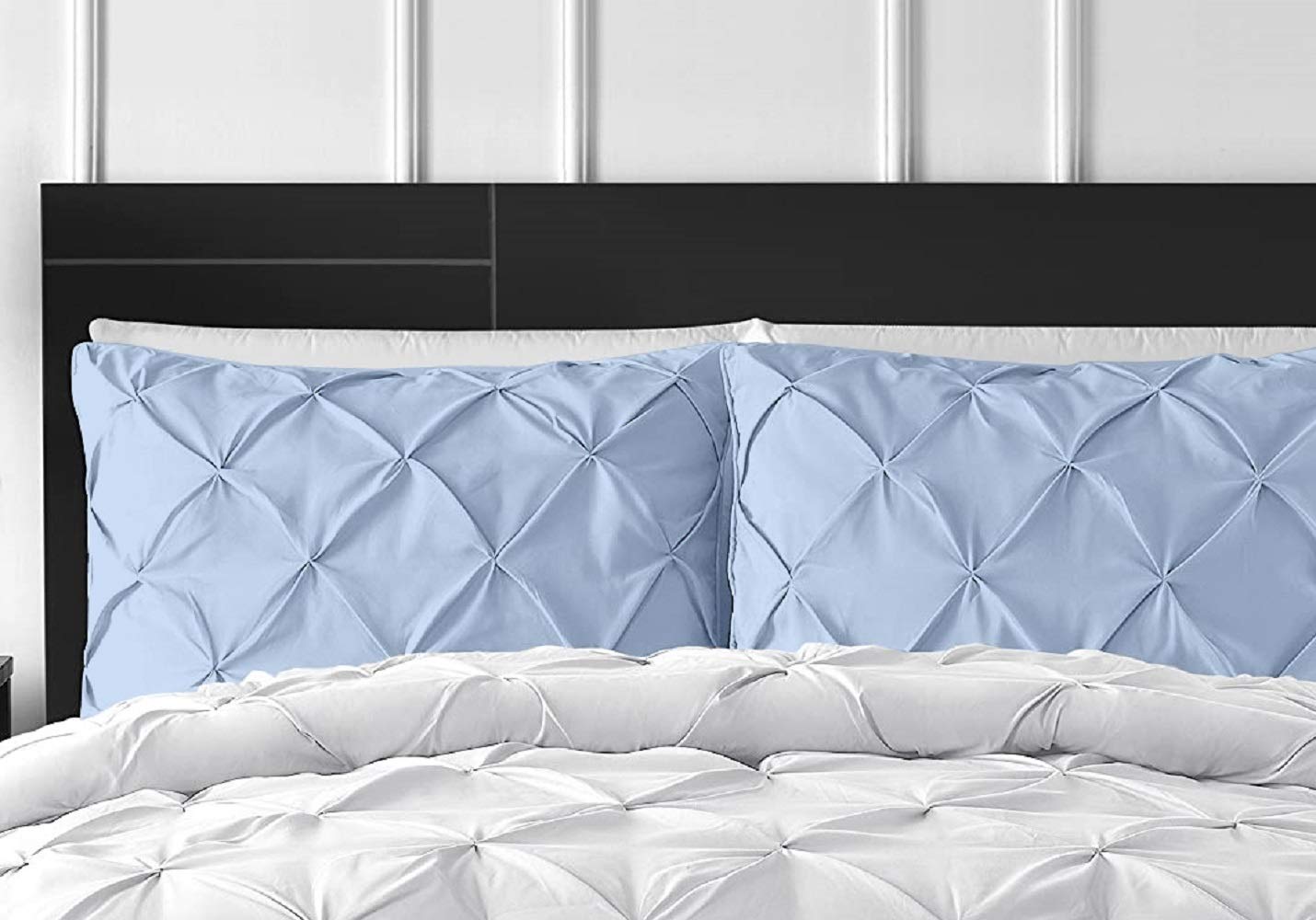 800TC 100% Cotton Pinch Pleated King Pillow Sham Set of 2 - Ultra Soft Light Blue Decorative Pillow Covers (20x40 Inches) for Bedroom Luxury & Hotel Style Decor
