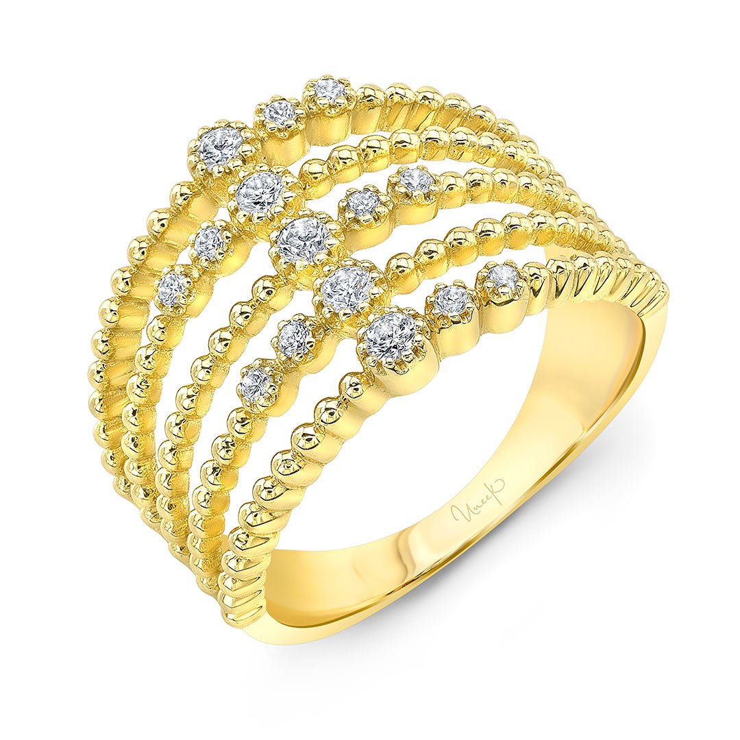 14K Yellow Gold Diamond Beaded 5-Row Stackable Ring for Women - Elegant Wedding, Anniversary, or Everyday Jewelry Gift