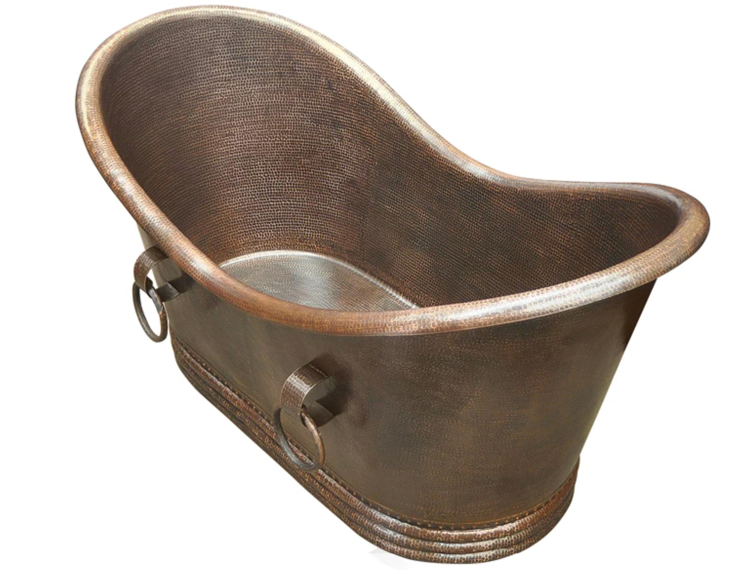 Handcrafted Double Slipper Hammered Copper Bathtub with Decorative Rings - Luxury Freestanding Soaking Tub for Spa Bathroom & Master Suite Relaxation