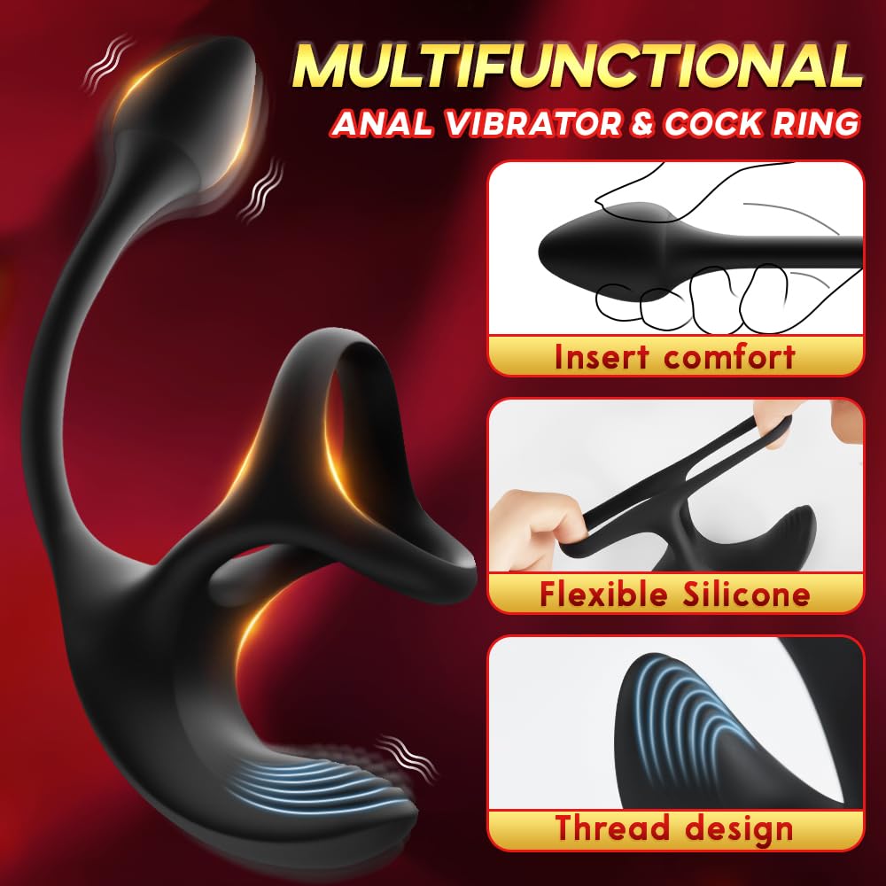4-in1 Vibrating Cock Ring with Prostate Massager & Remote Control - Anal Plug, Taint Stimulator & Penis Ring for Couples - Enhance Intimacy & Pleasure in Bedroom Play