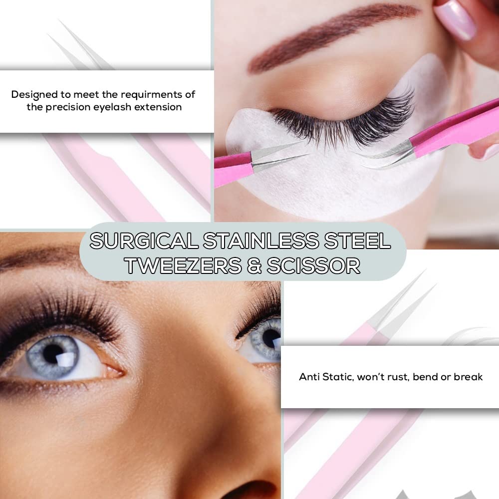 Premium Stainless Steel Eyelash Extension Tweezers Set - Straight & Curved Classic Tip Tweezers for Volume Lashes (2-Pack, Pink) - Perfect for Professional Lash Artists & DIY Home Use