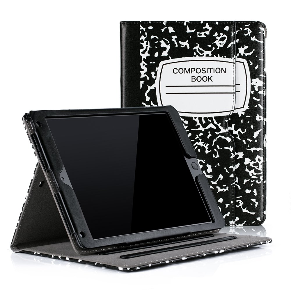 RUBAN Protective Case for iPad 9.7 Inch (2018/2017) & iPad Air 1/2 - Multi-Angle Stand Folio Cover with Auto Wake/Sleep, Corner Protection & Storage Pocket - Perfect for Work, School & Travel (Notebook Black)