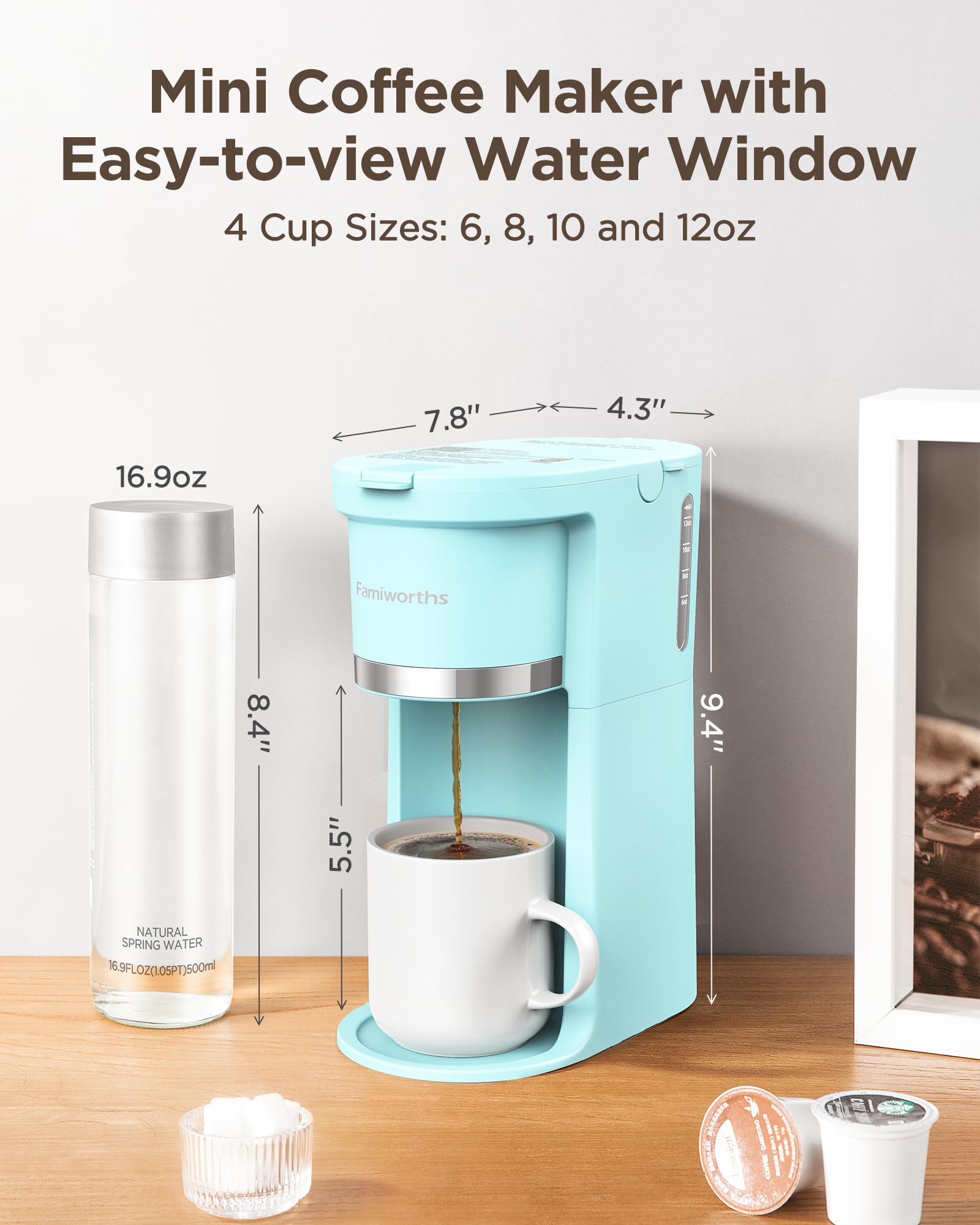 Famiworths Mini Single Serve Coffee Maker for K-Cup & Ground Coffee - 6 to 12 Oz Brew Sizes, Compact Capsule Coffee Machine with Water Window & Descaling Reminder - Perfect for Home, Office, Dorm & Travel (Teal Green)