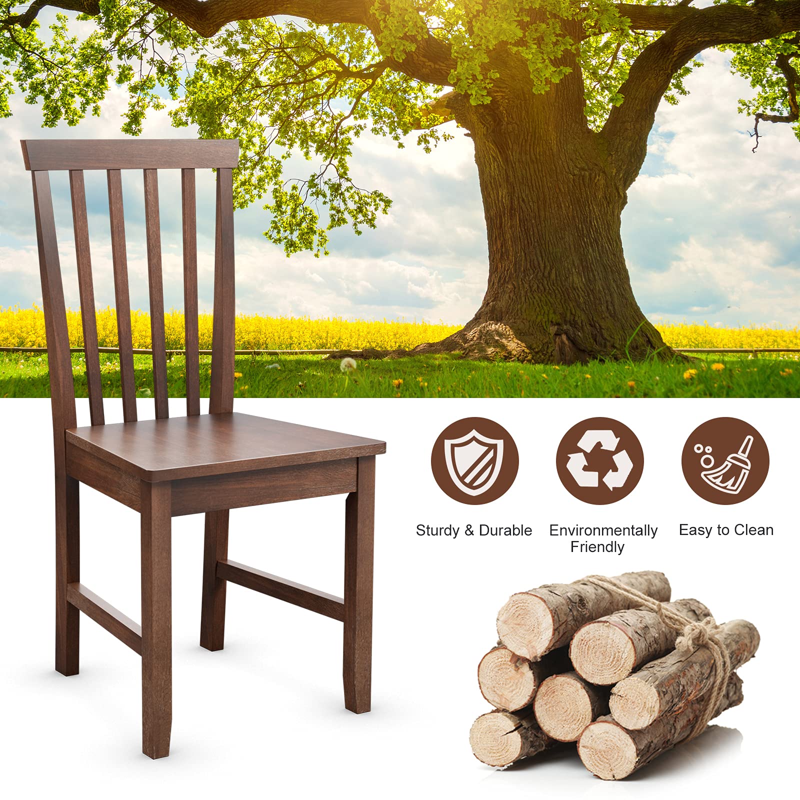 COSTWAY Set of 2 Slat Back Dining Chairs | Transitional Rubber Wood Side Chairs with Sturdy Construction & Smooth Finish | Perfect for Kitchen, Dining Room, Living Room & Bedroom | Comfortable Seating for Family Meals & Relaxation