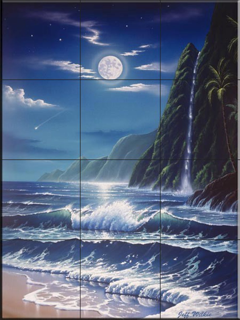 Ceramic Backsplash Tile Mural - Beach Scene with Seaside Ocean View for Kitchen, Bathroom & Shower - Moonlit Falls by Jeff Wilkie - Perfect for Coastal, Nautical & Beach House Decor