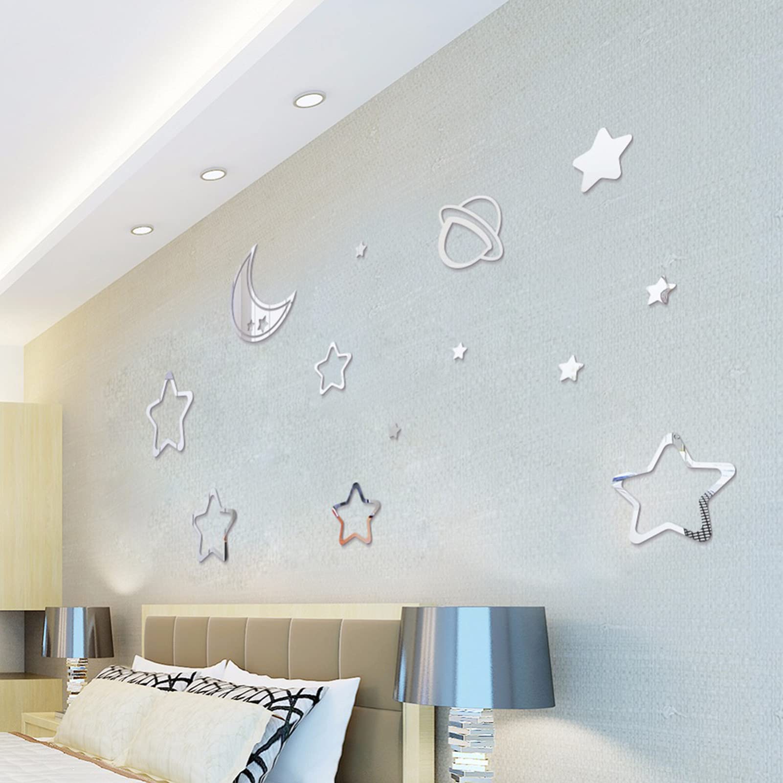Moon Stars Planet Mirror Wall Stickers - DIY Acrylic Wall Decals for Nursery, Baby Girl's Bedroom & Living Room Decor - Silver Home Decoration Set | Perfect for Kids' Room, Playroom & Space-Themed Party Decorations