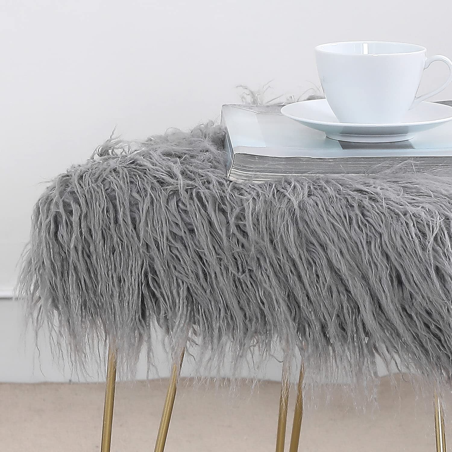 Joveco Square Fur Ottoman Footrest with Metal Legs - Elegant Grey Footstool for Bedroom, Living Room | Perfect for Reading Nook, Lounge Chair Companion & Home Decor Accent