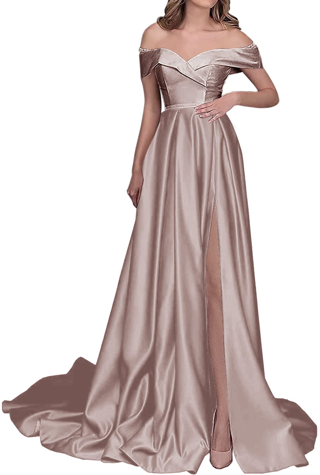 Elegant Off-The-Shoulder Satin Prom Dress with High Slit - Formal Evening Gown for Homecoming, Wedding & Special Occasions