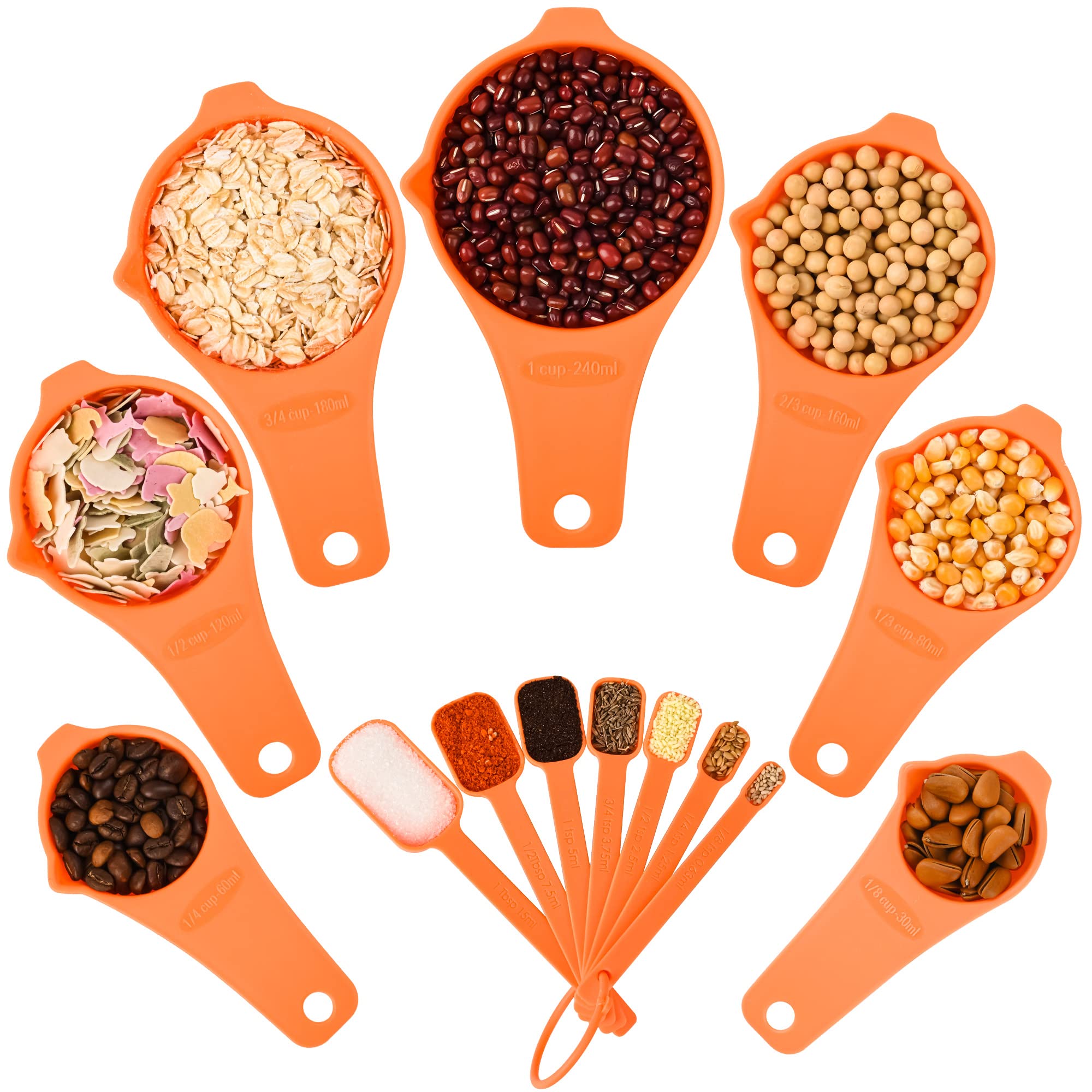 15-Piece Plastic Measuring Cups and Spoons Set - 7 Measuring Cups & 7 Spoons with Leveler - Essential Baking & Cooking Tools for Kitchen, Meal Prep, and DIY Recipes (Orange)