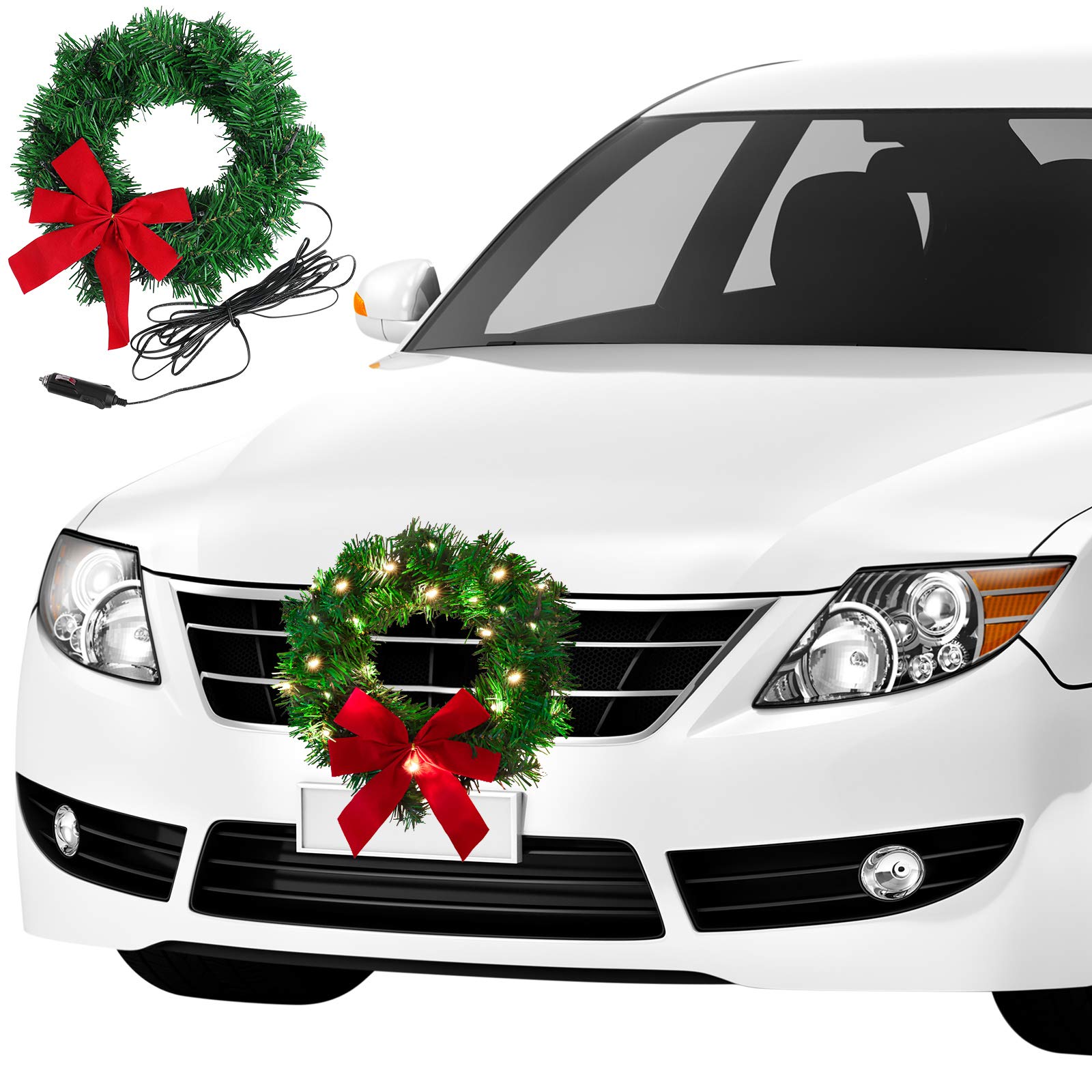 12V LED Christmas Car Wreath with Artificial Leaves - Automotive Cigarette Lighter Powered Holiday Truck Decor for Car Grille Mounting | Perfect for Holiday Road Trips, Christmas Parades & Festive Vehicle Decorations