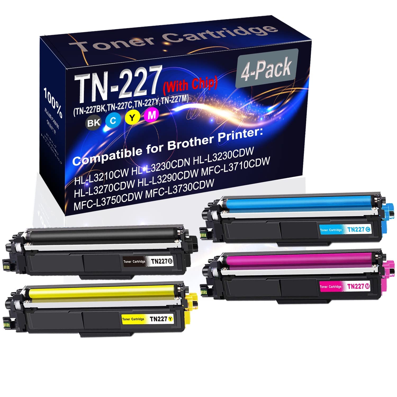 4-Pack High Capacity Compatible HL-L3210CW Laser Printer Toner Cartridge (BK+C+Y+M) - Replacement for Brother TN227/TN-227 Series (TN-227BK TN-227C TN-227Y TN-227M) - Ideal for Office Printing, Home Use & Small Business Documents