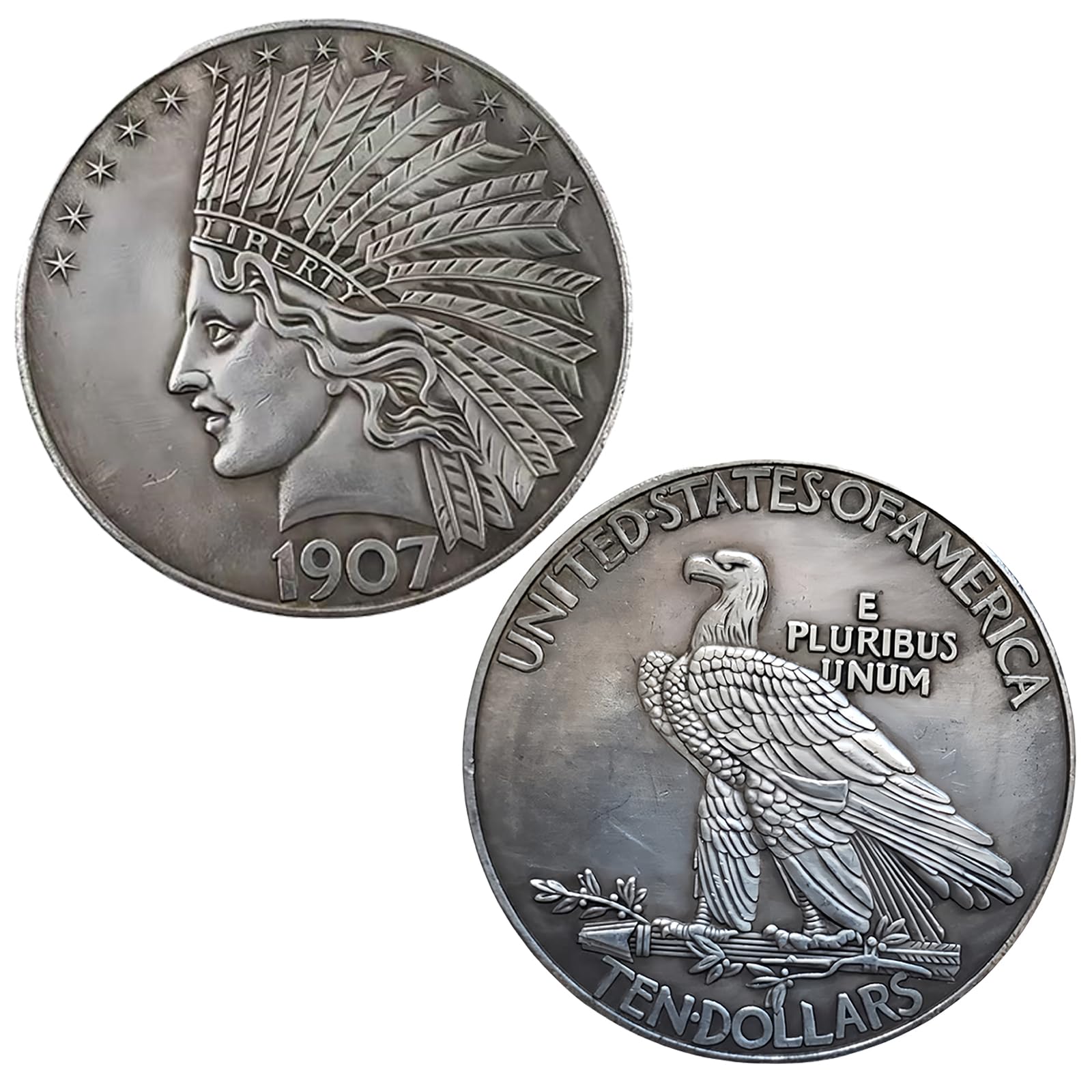 Antique 1907 Liberty Indian Head $10 Gold Coin & Uncirculated Morgan Silver Dollar - Rare US Historical Coins for Collectors | Perfect for American Coin Collections, Investment & Display in Home Offices