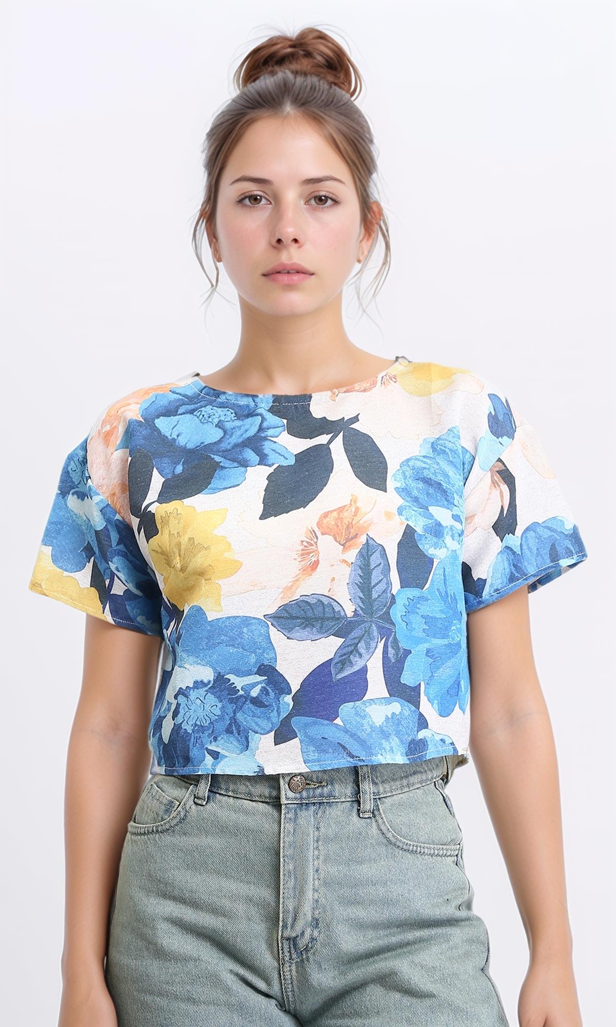 Floral Short Sleeve Summer T-Shirt for Women - Blue & Yellow Floral Print Top - Casual Wear, Beach Outfit & Summer Vacation Essential