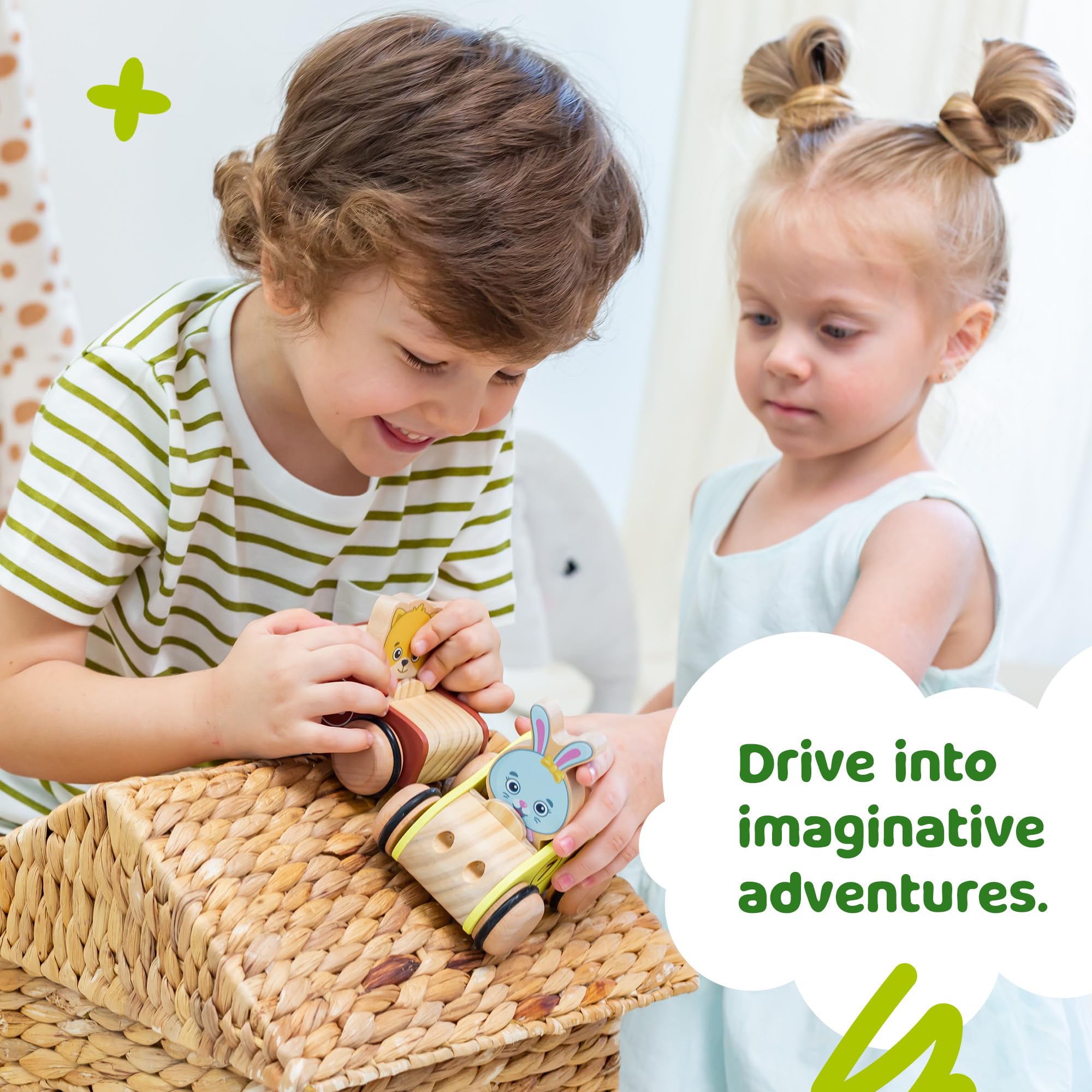 Bimi Boo Wooden Toy Car Set for Toddlers - 2-Piece Push & Go Race Cars with Chunky Playable Characters - Early Learning Grasping Toys for Boys & Girls - Perfect for Indoor Play, Birthday Gifts & Preschool Development