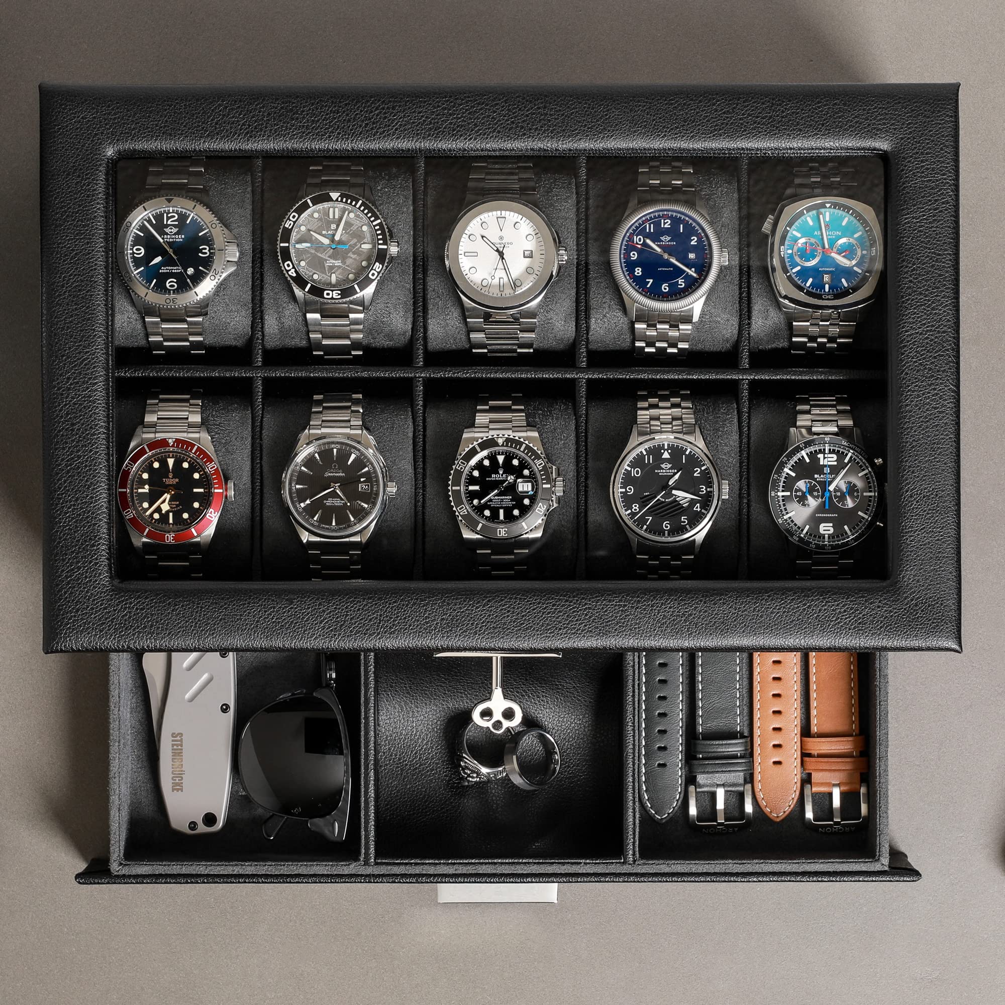 ROTHWELL 10-Slot Leather Watch Box with Valet Drawer - Luxury Watch Case Organizer with Ultra Soft Microsuede Liner, Jewelry & Sunglass Storage - Large Glass Top Display (Black/Grey) - Perfect for Watch Collectors & Gift Giving