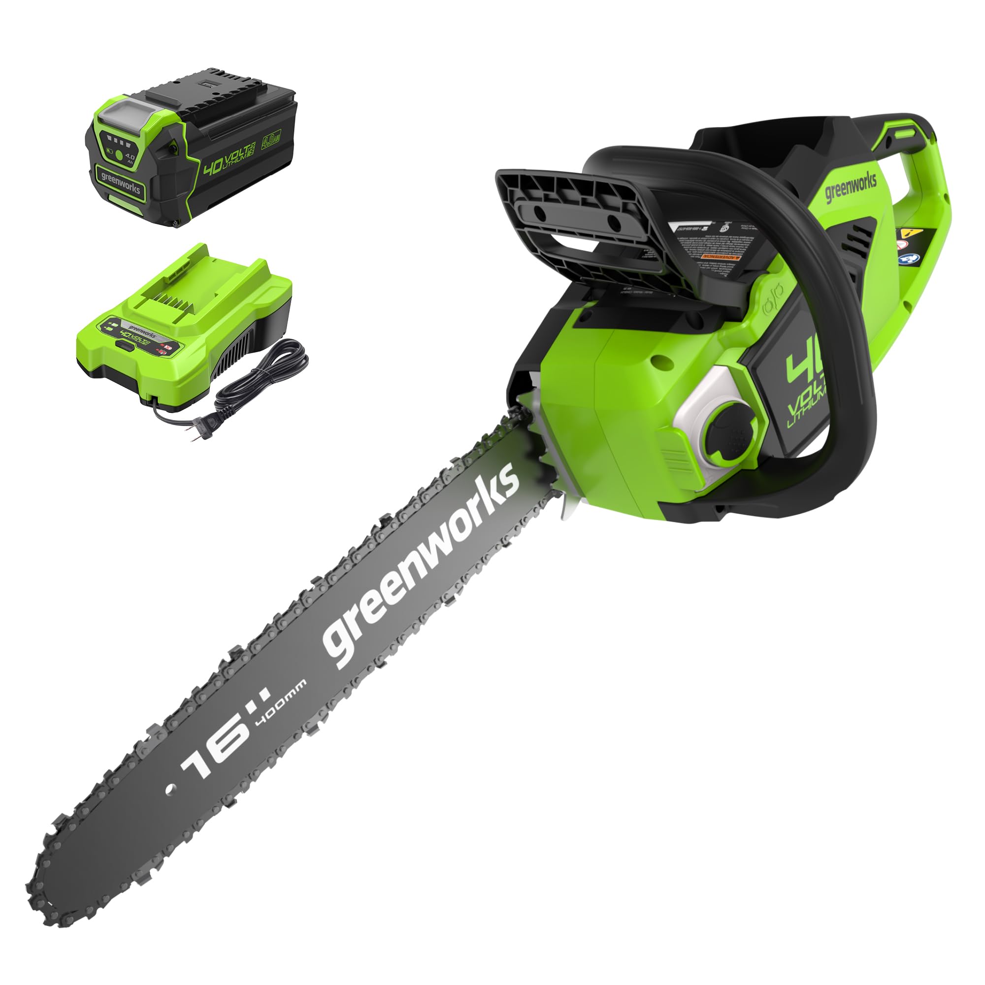 Greenworks 40V 16-Inch Brushless Cordless Chainsaw with 4.0Ah Battery & Charger - Lightweight Electric Chainsaw for Tree Cutting, Pruning, Firewood & Yard Work | Compatible with 75+ Tools | Perfect for Homeowners & Landscaping Professionals