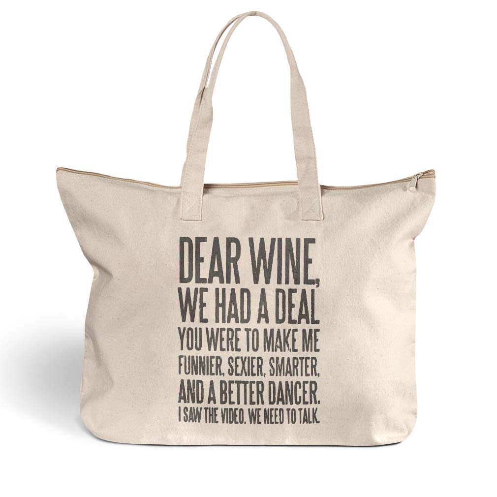 Funny Canvas Beach Tote Bag - 'Dear Wine We Had A Deal' Novelty Humor Zippered Shopping Bag for Women | Perfect for Beach Trips, Grocery Shopping & Wine Tasting Outings
